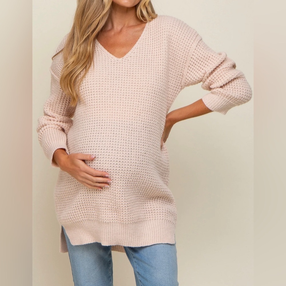 Beige/Very soft Pink Chunky Knit V-Neck Side Slit Long Maternity Sweater